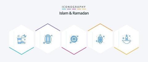 Islam und Ramadan 25 Blau Symbol Pack einschließlich Licht. Feuer. Kaaba. Kerze. Laterne vektor