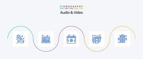 audio och video blå 5 ikon packa Inklusive högtalare. audio. webb. video. mapp vektor