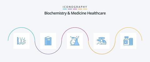 Biochemie und Medizin Gesundheitswesen Blau 5 Symbol Pack einschließlich medizinisch . Krankenwagen. Flasche. medizinisch. Hubschrauber vektor