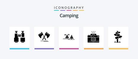 camping glyf 5 ikon packa Inklusive fotografi. tallar. verktyg. träd. camping. kreativ ikoner design vektor