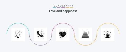 kärlek glyf 5 ikon packa Inklusive hjärta. ljus. närvarande. bröllop. kaka vektor