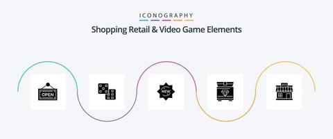 einkaufen Verkauf und Video Spiel Elemente Glyphe 5 Symbol Pack einschließlich Markt. online. Aufkleber. speichern. Spielen vektor