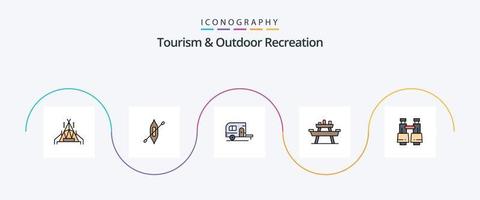 turism och utomhus- rekreation linje fylld platt 5 ikon packa Inklusive fält glasögon. picknick. camping. sittplats. mat vektor