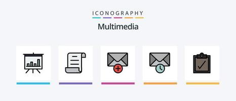 multimedia linje fylld 5 ikon packa Inklusive . analyser. meddelande. kreativ ikoner design vektor