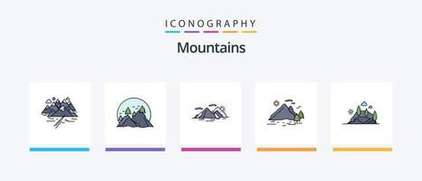 bergen linje fylld 5 ikon packa Inklusive natur. kulle. berg. Sol. natur. kreativ ikoner design vektor