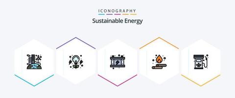 nachhaltig Energie 25 gefüllte Linie Symbol Pack einschließlich Diesel. Energie. Elektrizität. Wasser. sinken vektor