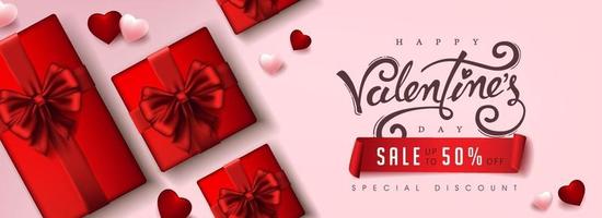 Valentinstag Verkauf Poster oder Banner Hintergrund mit Geschenkboxen und Herzen