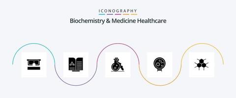 Biochemie und Medizin Gesundheitswesen Glyphe 5 Symbol Pack einschließlich Struktur. suchen. Flasche. medizinisch. Bakterien vektor