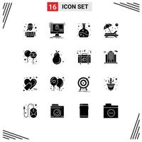 Pack von 16 modern solide Glyphen Zeichen und Symbole zum Netz drucken Medien eine solche wie Ballon Sonne Daten Person Strand editierbar Vektor Design Elemente