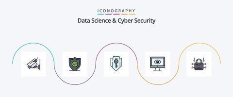 data vetenskap och cyber säkerhet linje fylld platt 5 ikon packa Inklusive video. Integritet. tillgång. uppkopplad. skydda vektor