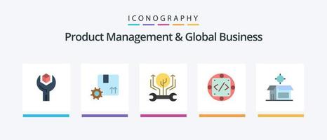 Produkt Management und global Geschäft eben 5 Symbol Pack einschließlich Implementierung. Code. Prämie Qualität. hacken. Wachstum. kreativ Symbole Design vektor