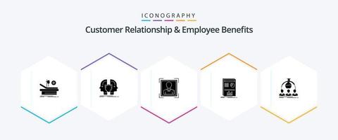 kund relation och anställd fördelar 25 glyf ikon packa Inklusive laboratoriet. Graf. sköld. layout. profil bild vektor
