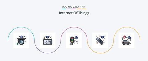 Internet von Dinge Linie gefüllt eben 5 Symbol Pack einschließlich Fahrzeug. Navigation. Signal. Geographisches Positionierungs System Standort. Stock vektor