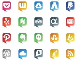 20 Sozial Medien Rede Blase Stil Logo mögen Futterbrenner Treffpunkte Reise evernote Mail vektor