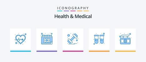 hälsa och medicinsk blå 5 ikon packa Inklusive sjukhus. labb. hantel. testa rör. blod. kreativ ikoner design vektor