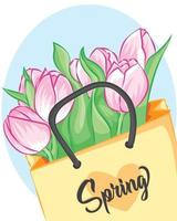 Strauß rosa Tulpen eingewickelt in Bastelpapier auf dem weißen Tisch. rosa Tulpen in einer Papiertüte. Hintergrund für Hochzeitsgrußkartenbanner, Muttertagskarte, Frauentag, Geburtstag und andere Feiertage. vektor