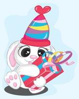 söt kanin med röd presentask och födelsedag vektor