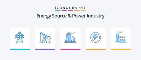 Energie Quelle und Leistung Industrie Blau 5 Symbol Pack einschließlich Gebäude. Industrie. Gebäude. Stromspannung. Bolzen. kreativ Symbole Design vektor