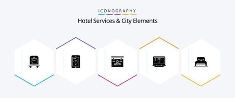 hotell tjänster och stad element 25 glyf ikon packa Inklusive sömn . wifi. hotell . signal. bärbar dator vektor