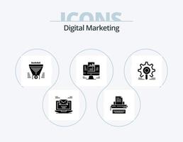 digital marknadsföring glyf ikon packa 5 ikon design. bärbar dator. Rapportera. nycklar. pengar. tratt vektor