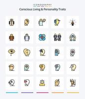 kreativ medveten levande och personlighet egenskaper 25 linje fylld ikon packa sådan som rörlighet. mänsklig. växla. ansluten. sjukvård vektor
