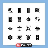 piktogram uppsättning av 16 enkel fast glyfer av smartphone Sök ackumulator Rapportera hitta redigerbar vektor design element