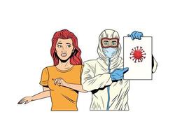 arbetare med biosäkerhetsdräkt och kvinna som lyfter covid19-etiketten vektor