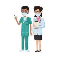 Paar Ärzte mit medizinischen Masken und Impfstoff vektor