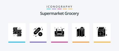 Lebensmittelgeschäft Glyphe 5 Symbol Pack einschließlich pak. Milch. offen. Wagen. Karte. kreativ Symbole Design vektor