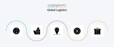 global logistik glyf 5 ikon packa Inklusive låda. logistik. transport. dollar mynt. stift vektor