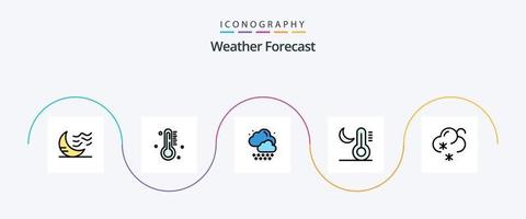 väder linje fylld platt 5 ikon packa Inklusive snö. temperatur. regn. natt. klimat vektor