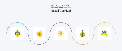 Brasilien karneval platt 5 ikon packa Inklusive brasiliansk. solnedgång. medalj. soluppgång. firande vektor
