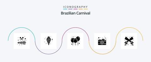 brasiliansk karneval glyf 5 ikon packa Inklusive strålkastare. fånga. ballonger. bild. kamera vektor