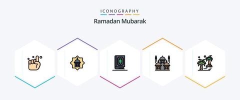 ramadan 25 fylld linje ikon packa Inklusive måne. masjid. stjärna. moskén. Ramadhan vektor