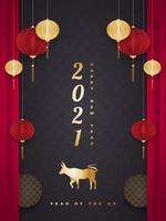 gott kinesiskt nyår 2021 år av oxen. kinesiska gratulationskort med gyllene oxar och lyktor i pappersskuren stil på svart bakgrund vektor