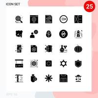 Gruppe von 25 modern solide Glyphen einstellen zum Zubehör Spieler Riegel Multimedia Bericht editierbar Vektor Design Elemente
