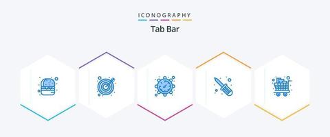 Tab Bar 25 Blau Symbol Pack einschließlich Wagen. Lebensmittel. Zeit. voll. Schraube Fixer vektor