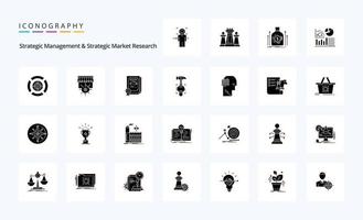25 strategisk förvaltning och strategisk marknadsföra forskning fast glyf ikon packa vektor