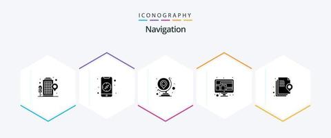 Navigation 25 Glyphe Symbol Pack einschließlich dokumentieren. Monitor. GPS. Karte. Geographisches Positionierungs System vektor