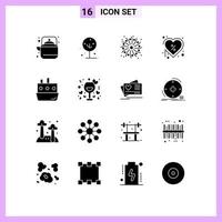 Pack von 16 modern solide Glyphen Zeichen und Symbole zum Netz drucken Medien eine solche wie Angebot Herz Lotus Blume Rabatt Arbeit editierbar Vektor Design Elemente