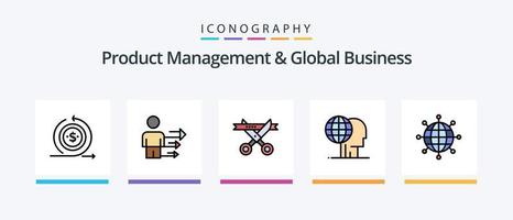 produkt managment och global företag linje fylld 5 ikon packa Inklusive lång. modern. global bearbeta. marknader. företag. kreativ ikoner design vektor