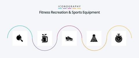Fitness Erholung und Sport Ausrüstung Glyphe 5 Symbol Pack einschließlich Spiel. Federball. Stock. Badminton. Rollschuhe vektor