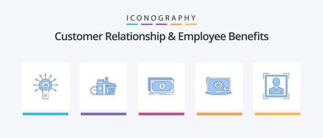 kund relation och anställd fördelar blå 5 ikon packa Inklusive presentation. övervaka. föremål. bärbar dator. överföra. kreativ ikoner design vektor
