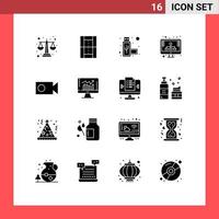 16 solide Glyphe Konzept zum Websites Handy, Mobiltelefon und Apps Aufzeichnung Lager Erholung SEO Diagramm editierbar Vektor Design Elemente