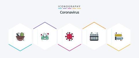 Coronavirus 25 gefüllte Linie Symbol Pack einschließlich Prüfung Rohr. Blut. covid Gesundheit. Rohre. Labor Prüfung vektor