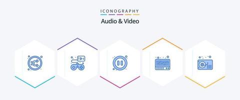 audio och video 25 blå ikon packa Inklusive grammofon. ljud. video spel. musik. video vektor