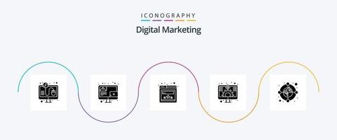 digital marknadsföring glyf 5 ikon packa Inklusive marknadsföra. cirkel. webbläsare. skärm. tillväxt vektor