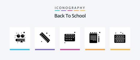 tillbaka till skola glyf 5 ikon packa Inklusive . skola. kalender. målning. anteckningsbok. kreativ ikoner design vektor