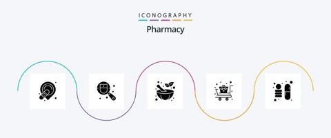 Apotheke Glyphe 5 Symbol Pack einschließlich Raum. Apotheke. Granatwerfer. Lieferungen. Wagen vektor