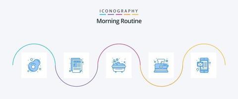 Morgen Routine Blau 5 Symbol Pack einschließlich Handy, Mobiltelefon. Email. Badewanne. Frühstück. Toast vektor